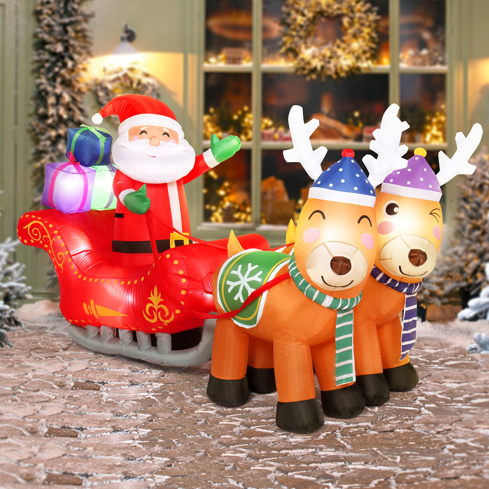 12ft Lighted Christmas Inflatables purchases Santa Claus on Sleigh with 3 Reindeer & Gift